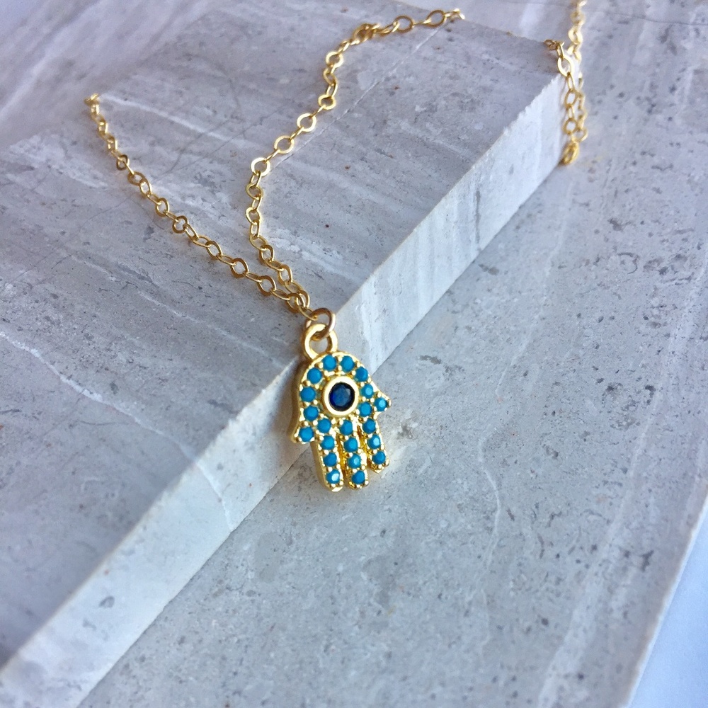 14K/Ster. Turquoise CZ Hamsa Charm Necklace